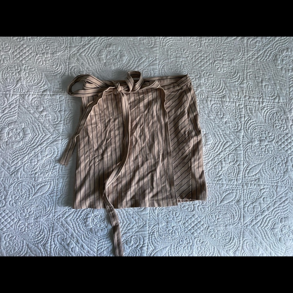 Tan and black stripe mini wrap skirt with side tie